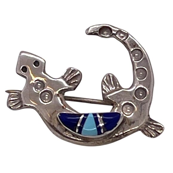 Sterling Silver Navajo Native American Signed Mosaic Inlay Lizard Brooch Pin VTG - Picture 9 of 9